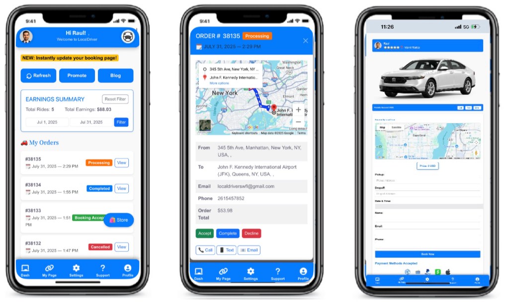 Screenshots of the LocalDriver mobile app displaying earnings summary, order details, and booking information, tailored for drivers.