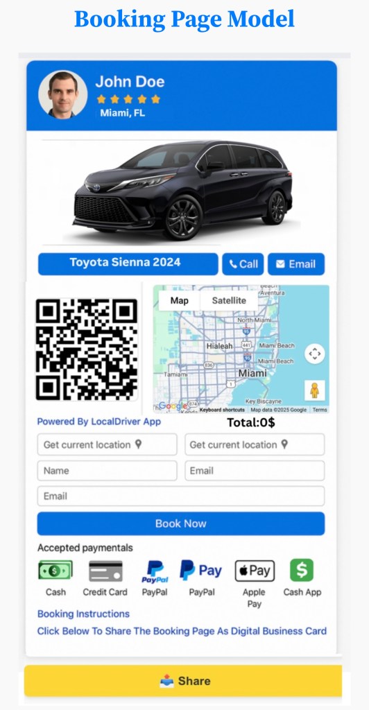 A booking page model showcasing a driver profile with a photo, name, location, and vehicle details. Includes a QR code, map options, and fields for users to input their current location and contact information. Displays payment options like cash, credit card, and various digital wallets. Features a 'Book Now' button and sharing options.